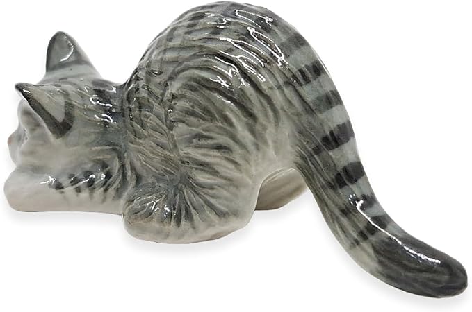 WitnyStore Tiny 2¼" Long Gray Tabby Shorthair Cat Crouching Down Figurine - Miniature Hand Made Painted Ceramic Cats Kitten Feline Animal Cute Porcelain Decorative Collectible Figurines Décor Gifts