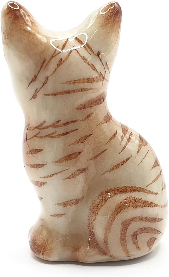 WitnyStore Tiny 1" Brown Tabby Shorthair Cat Sitting Look Right Figurine - Miniature Hand Made Painted Ceramic Cats Kitten Feline Animal Cute Porcelain Decorative Collectible Figurines Décor Gifts