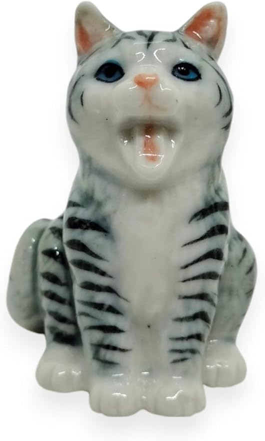 WitnyStore Tiny 1⅜" Long Gray White Tabby Shorthair Cat Sitting Yawn Figurine - Miniature Hand Made Painted Ceramic Cats Kitten Feline Animal Cute Porcelain Decorative Collectible Figures Décor Gifts