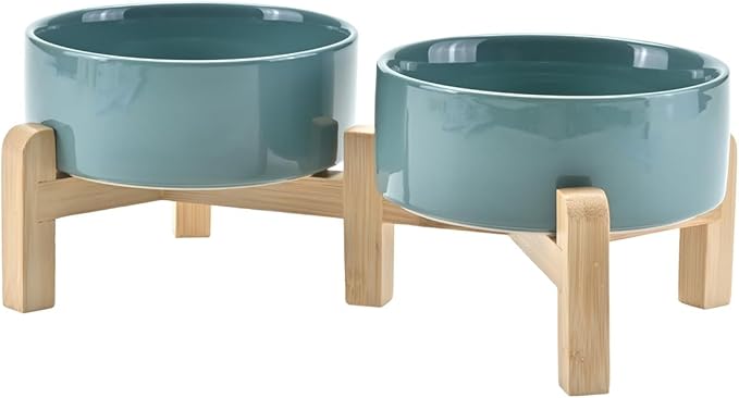 SPUNKYJUNKY Elevated Dog Bowls Ceramic, 5.1'' Dogs and Cat Food Water Bowls Raised with Non-Slip Bamboo Stand for Puppy Small Sized Breed Microwave Dishwasher Safe - 13.5 OZ,Dark Green