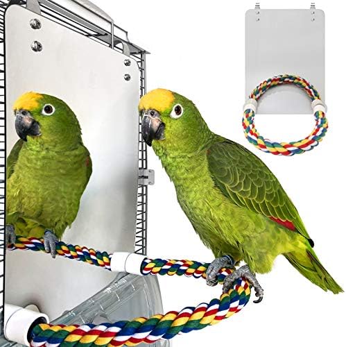 BWOGUE Large Stainless Steel Bird Mirror with Rope Perch Cockatiel Mirror for Cage Bird Toys Swing Parrot Cage Toys for Parakeet Cockatoo Cockatiel Conure Lovebirds Finch Canaries (10.6 Inch)