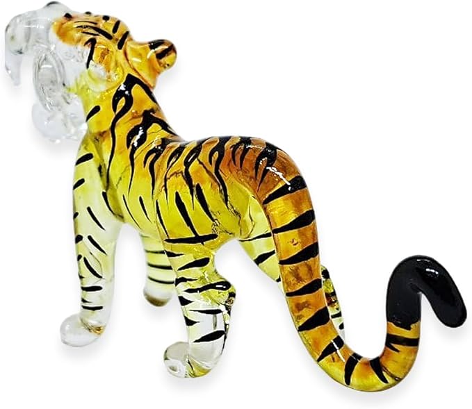 WitnyStore Tiny 1¾" Long Yellow Black Standing Tiger Roaring Figurine - Miniature Hand Blown Painted Glass Panthera Wild Cat Small Crystal Wildlife Animals Decorative Collectible Figurines Décor Gifts