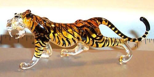 WitnyStore Tiny 3¾" Long Yellow Black Standing Tiger Roaring Figurine - Miniature Hand Blown Painted Glass Panthera Wild Cat Small Crystal Wildlife Animals Decorative Collectible Figurines Décor Gifts
