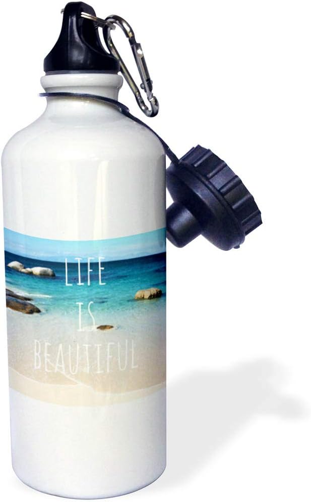 3dRose "Life is Beautiful-Positive affirmations-Inspiring nature-Beach photography-words saying" Sports Water Bottle, 21 oz, White
