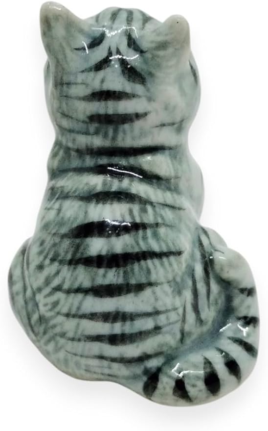 WitnyStore Tiny 1⅜" Long Gray White Tabby Shorthair Cat Sitting Yawn Figurine - Miniature Hand Made Painted Ceramic Cats Kitten Feline Animal Cute Porcelain Decorative Collectible Figures Décor Gifts