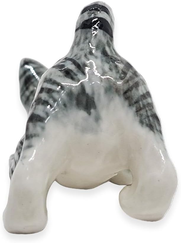 WitnyStore Tiny 2⅛" Gray White Tabby Shorthair Cat Bending Down Figurine - Miniature Hand Made Painted Ceramic Cats Kitten Feline Animal Cute Porcelain Decorative Collectible Figurines Décor Gifts