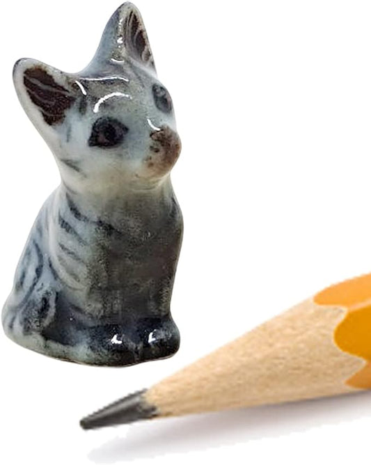WitnyStore Tiny 3⁄4 Inch High Gray Tabby Shorthair Cat Sitting Tilt Head Figurine - Miniature Hand Made Painted Ceramic Cats Kitten Animal Cute Porcelain Decorative Collectible Figures Décor Gifts