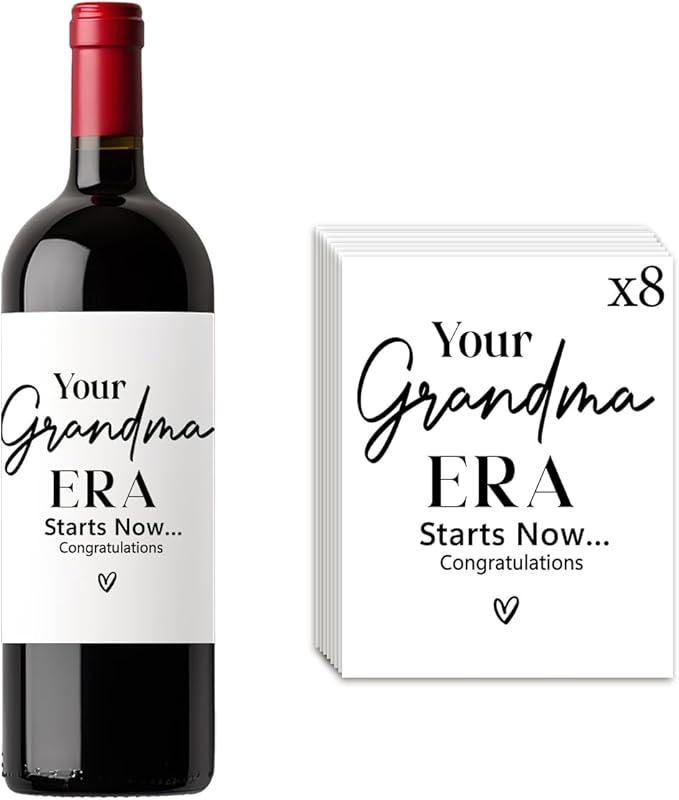 8 Pcs Grandma Pregnancy Baby Announcement Wine Labels, Funny Pregnancy Baby Announcement Gifts for New Grandma Wine Bottle Stickers Labels, Your Grandma Era Starts Now Wine Labels