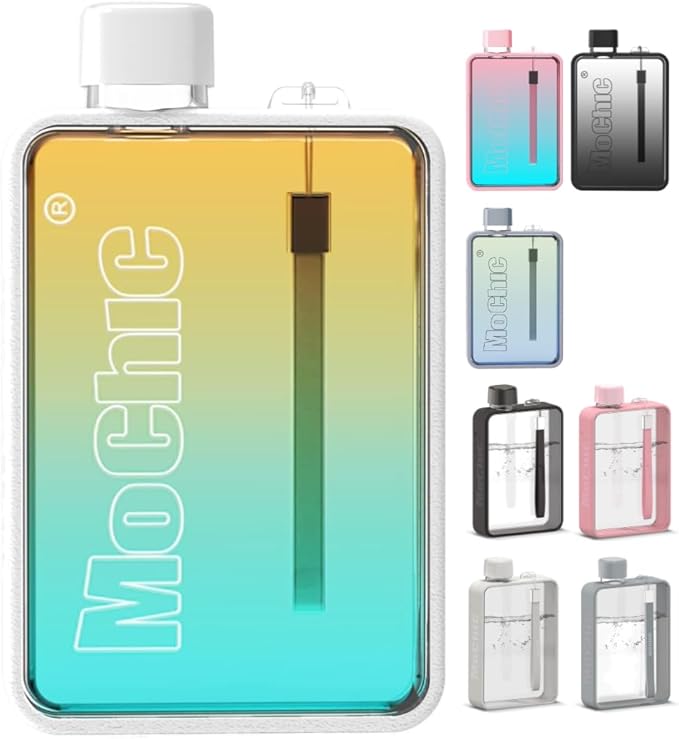 Mochic 13oz Portable Water Flask Flat Water Bottle for Purse Mug BPA Free A5 Slim Square Water Bottle Flask Leak Proof Plastic Flask Bottle for Travel (Gradient White)