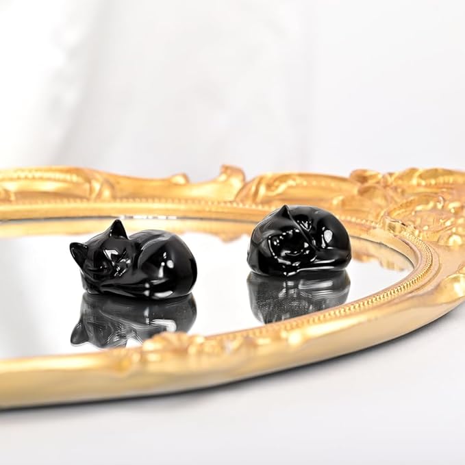 WHAL&YUNE Crystal Cat Figurine, 1PC Black Obsidian Cat, Natural Sleeping Cat Ornament Hand Carved Cat Statue Cat Home Decor Crystal Decoration for Cat Lovers, Gift 1.5"