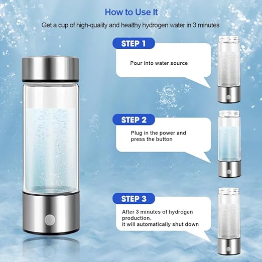 Hydroh Hydrogen Water Bottle Generator 3Min Quick Electrolysis, Rechargable, Hydrohealth Portable Water Ionizer Machine for Home Travel Office Gym, Hydrogen Rich Water Glass Health