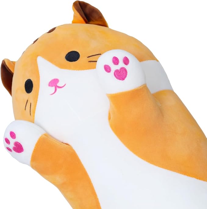 Cute Cat Plush Pillow, Yellow Long Cat Stuffed Animals Soft Long Kitten Plushies Kawaii Cat Stuffed Plush Toy for Kids Girlfriend(70cm/27.5inch)