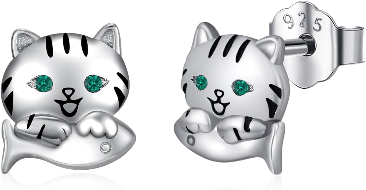 925 Sterling Silver Cat Earrings Cute Animal Kitten Stud Earrings cat Jewelry Gifts for Women Girls Hypoallergenic Earrings for Sensitive Ears