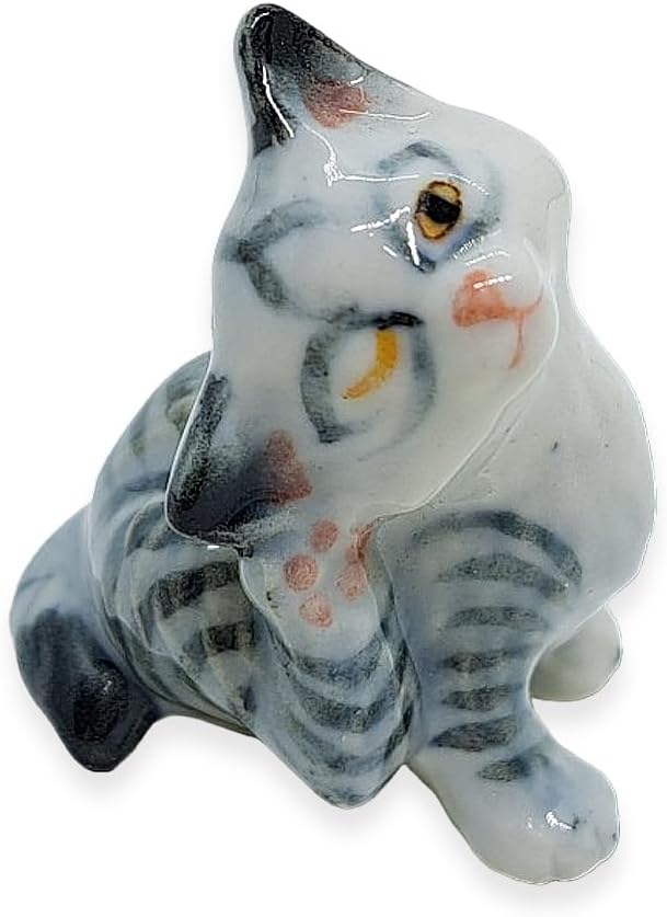 WitnyStore Tiny 1½" Gray White Tabby Shorthair Cat Scratching Ear Figurine - Miniature Hand Made Painted Ceramic Cats Kitten Feline Animal Cute Porcelain Decorative Collectible Figurines Décor Gifts