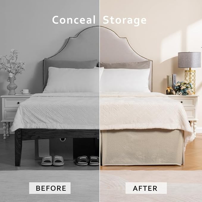 MIYE Pleated Waffle Weave Bed Skirt, Tailored Dust Ruffle 14 Inch Drop Easy Fit, Machine Washable (Cream, Queen - 14" Drop)