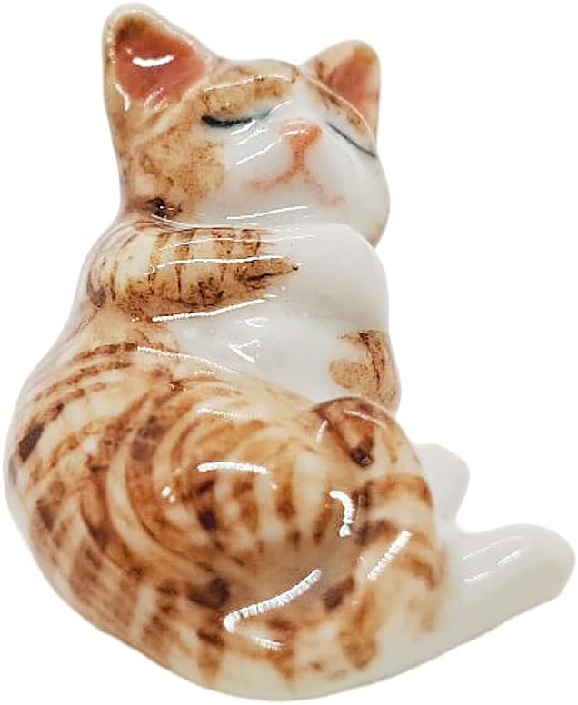 WitnyStore Tiny 1" Long White Brown Tabby Cat Sleeping with Baby Bottle - Miniature Hand Made Painted Ceramic Cats Kitten Feline Animal Cute Porcelain Decorative Collectible Figurines Décor Gifts