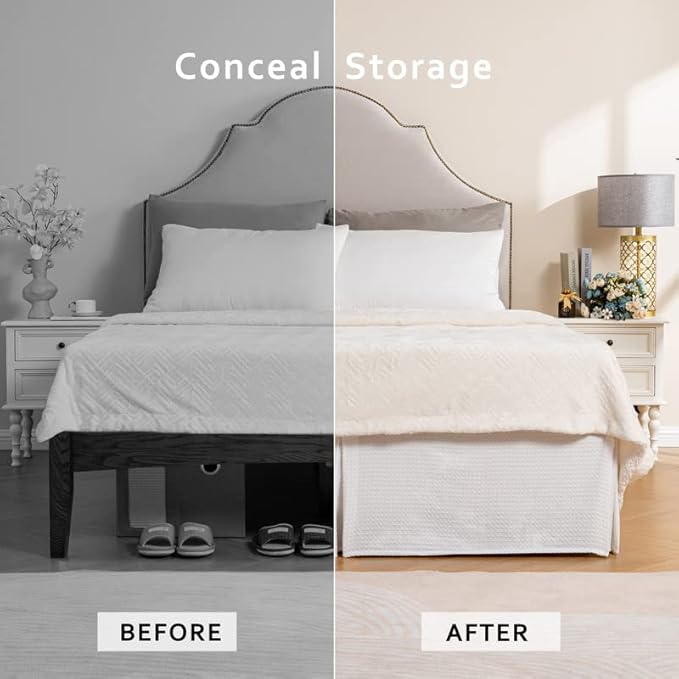 MIYE Pleated Waffle Weave Bed Skirt, Tailored Dust Ruffle 14 Inch Drop Easy Fit, Machine Washable (White, King - 14" Drop)