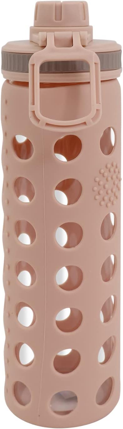 Modern-Depo 20oz Clear Glass Water Bottles Extra Lid Odor Proof and Stain Resistant Wide Mouth Reusable Fitness Sports Bottle with Sleeve, Motivational Water Jug, Khaki