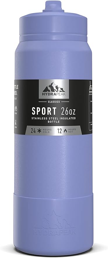 Hydrapeak 26oz Sport Insulated Water Bottle with Straw or Chug Lid, Leak & Spill Proof, Keeps Drinks Cold for 24 Hours, Hot for 12 Hours, Premium Stainless Steel Water Bottles (26oz, Iris)