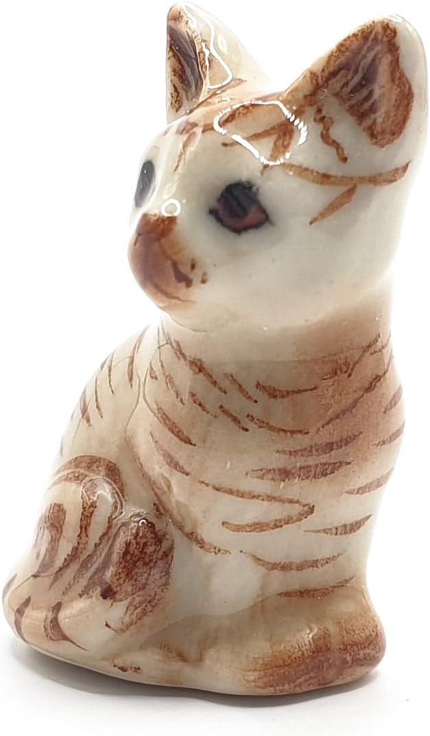 WitnyStore Tiny 1" Brown Tabby Shorthair Cat Sitting Look Right Figurine - Miniature Hand Made Painted Ceramic Cats Kitten Feline Animal Cute Porcelain Decorative Collectible Figurines Décor Gifts