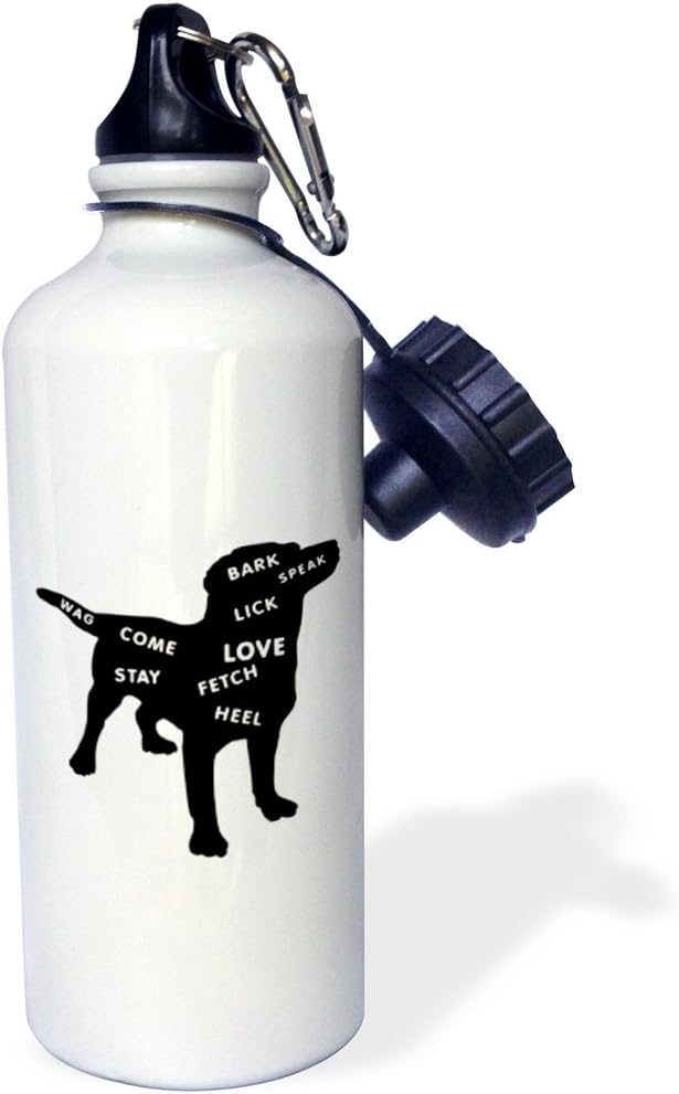 3dRose "Doggie Silhouette With Dog Related Words" Sports Water Bottle, 21 oz, White