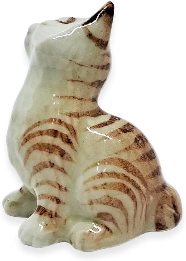 WitnyStore Tiny 1½" Brown White Tabby Shorthair Cat Scratching Ear Figurine - Miniature Hand Made Painted Ceramic Cats Kitten Feline Animal Cute Porcelain Decorative Collectible Figurines Décor Gifts