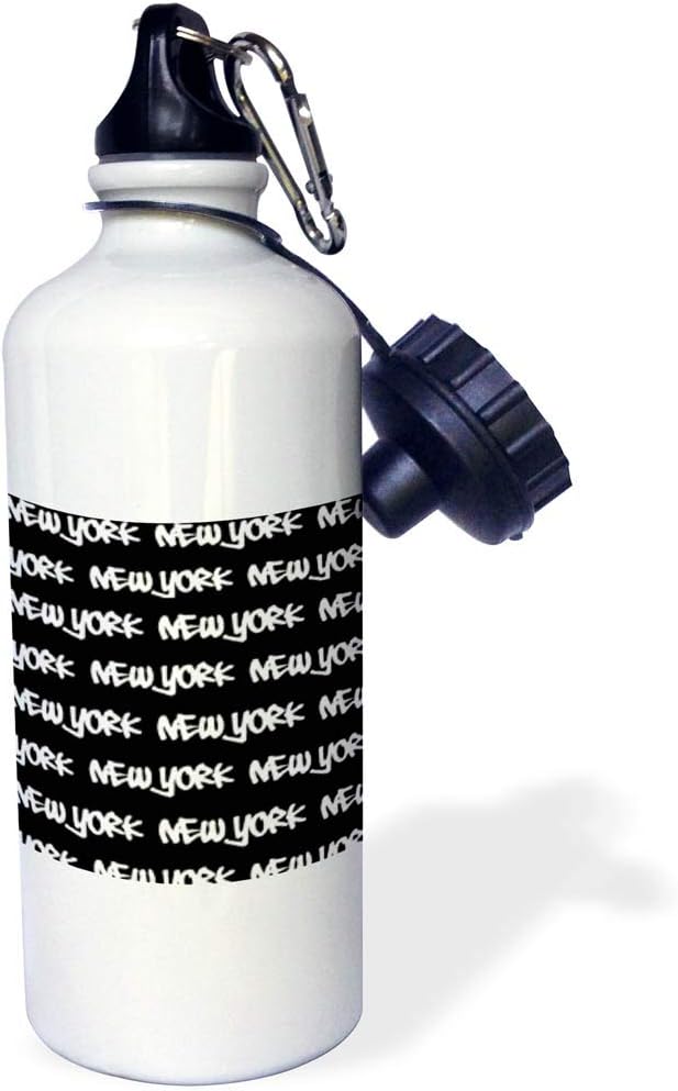 3dRose "New York text design-white words on black-NY city souvenir NYC cool urban graffiti font pattern" Sports Water Bottle, 21 oz, White