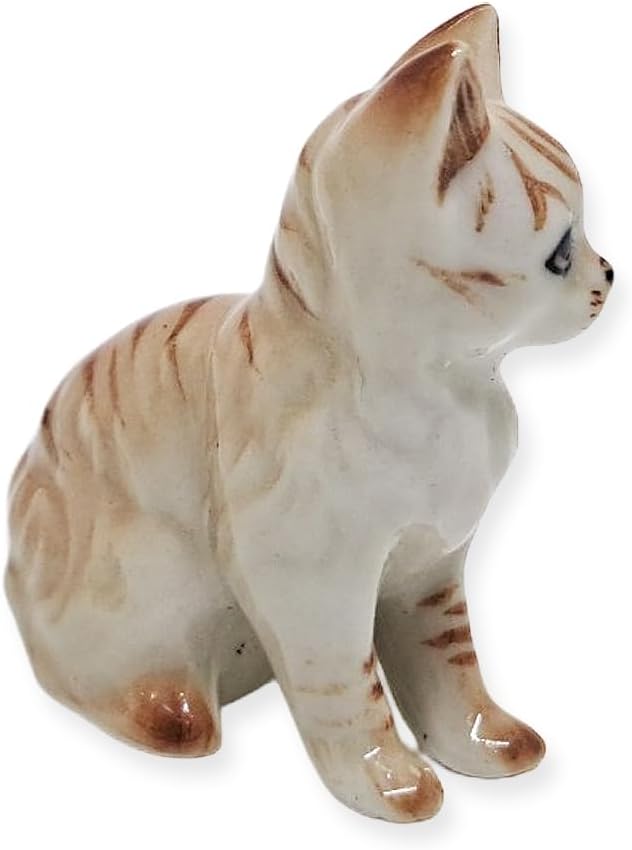 WitnyStore Tiny 1⅛" Light Brown Tabby Shorthair Cat Sitting Look Left Figurine - Miniature Hand Made Painted Ceramic Cats Kitten Feline Animal Cute Porcelain Decorative Collectible Figures Décor Gifts