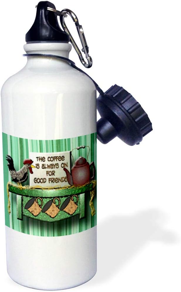 3dRose "Coffee and good friends a roaster and teapot on a shelf a great friend gift" Sports Water Bottle, 21 oz, White