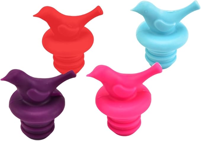 Little Bird Decorative Wine Stoppers, Colorful Silicone, Reusable, Leakproof, Eco-Friendly, Universal Fit, Gift-Ready, Set of 4, BD-005