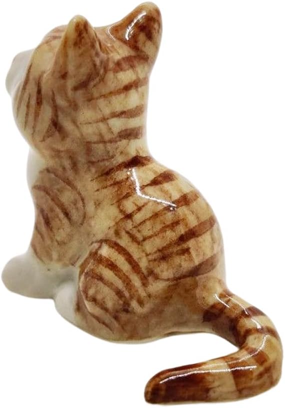 WitnyStore Tiny 1⅛" Long Brown White Tabby Shorthair Cat Sitting Figurine - Miniature Hand Made Painted Ceramic Cats Kitten Feline Animal Cute Porcelain Decorative Collectible Figurines Décor Gifts