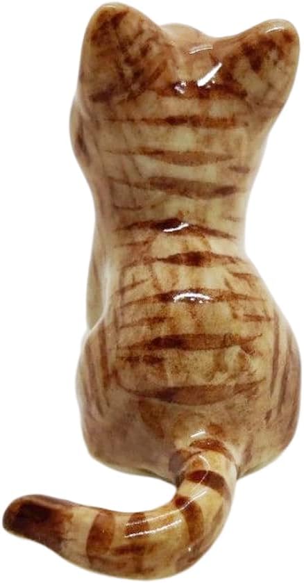 WitnyStore Tiny 1⅛" Long Brown White Tabby Shorthair Cat Sitting Figurine - Miniature Hand Made Painted Ceramic Cats Kitten Feline Animal Cute Porcelain Decorative Collectible Figurines Décor Gifts