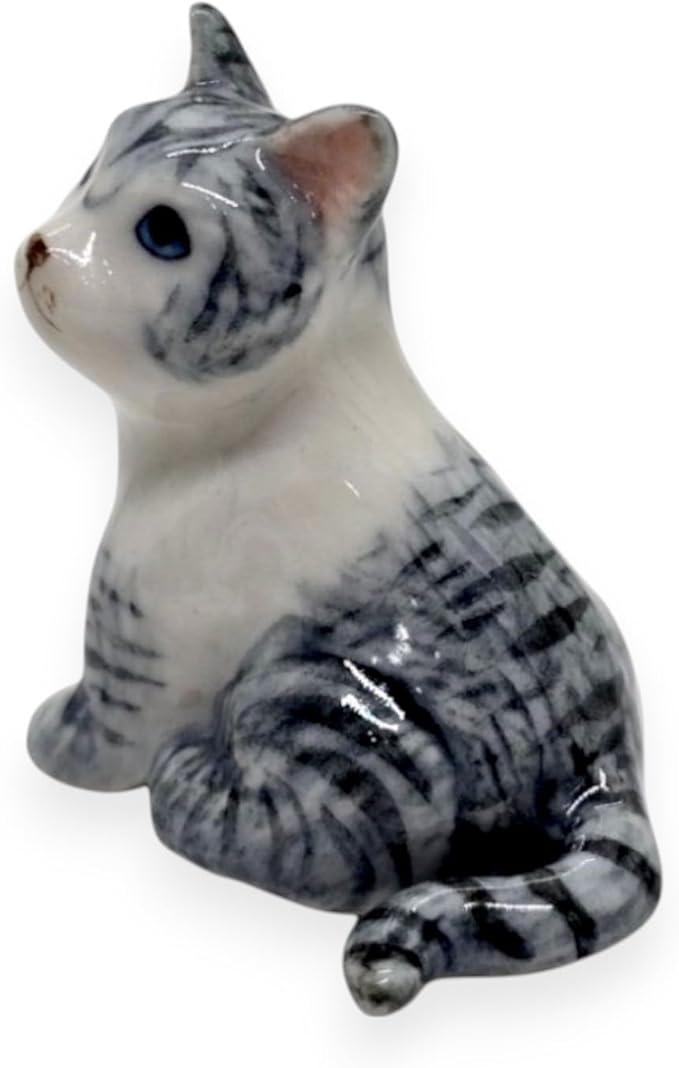 WitnyStore Tiny 1½" Gray White Tabby Shorthair Cat Sitting Look Left Figurine - Miniature Hand Made Painted Ceramic Cats Kitten Feline Animal Cute Porcelain Decorative Collectible Figures Décor Gifts