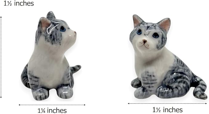 WitnyStore Tiny 1½" Gray White Tabby Shorthair Cat Sitting Look Left Figurine - Miniature Hand Made Painted Ceramic Cats Kitten Feline Animal Cute Porcelain Decorative Collectible Figures Décor Gifts