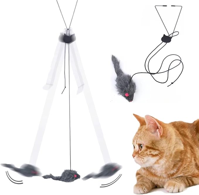 Interactive Cat Toys for Indoor Cats - Hanging Door Cat Toy with Bouncy Mouse and Bell - Door-Mounted Fun Toy for Cats at Home - Includes 2 Bonus Attachments