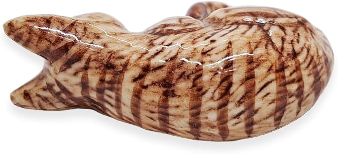 WitnyStore Tiny 1½" Brown White Tabby Shorthair Cat Sleeping Curled Figurine - Miniature Hand Made Painted Ceramic Cats Kitten Feline Animal Cute Porcelain Decorative Collectible Figures Décor Gifts