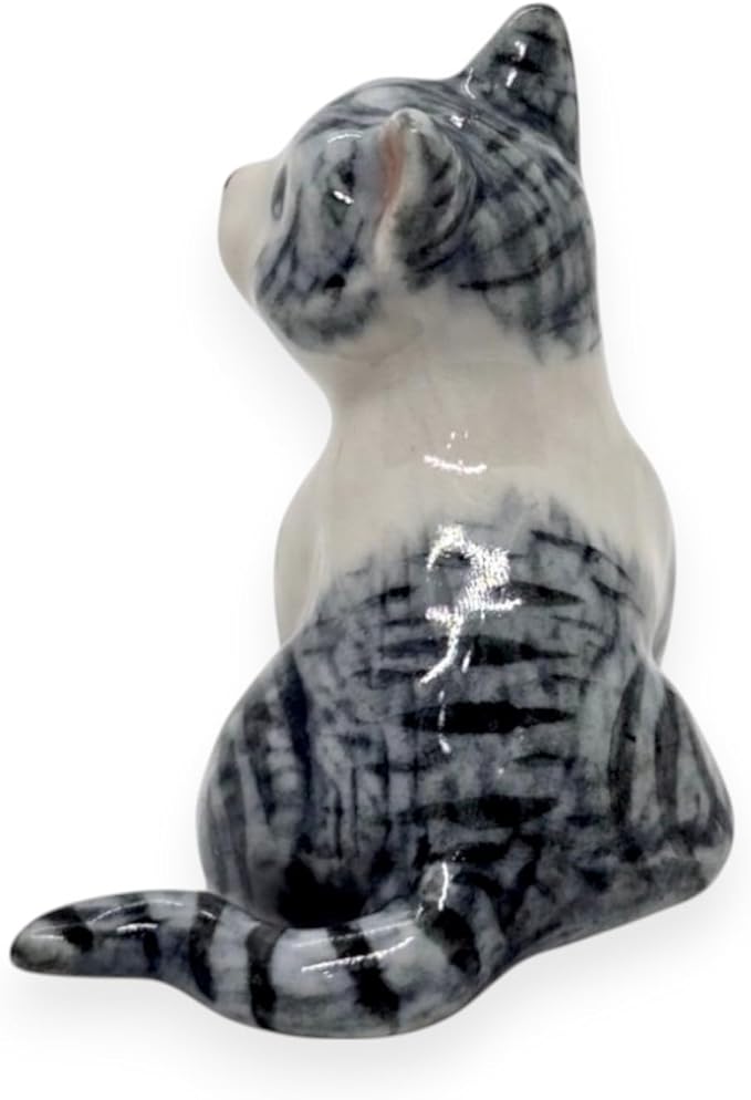 WitnyStore Tiny 1½" Gray White Tabby Shorthair Cat Sitting Look Left Figurine - Miniature Hand Made Painted Ceramic Cats Kitten Feline Animal Cute Porcelain Decorative Collectible Figures Décor Gifts