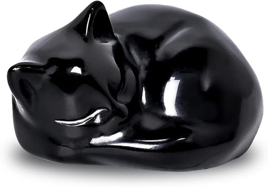 WHAL&YUNE Crystal Cat Figurine, 1PC Black Obsidian Cat, Natural Sleeping Cat Ornament Hand Carved Cat Statue Cat Home Decor Crystal Decoration for Cat Lovers, Gift 1.5"