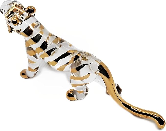 WitnyStore Tiny 6¼" Long Clear Gold Standing Tiger Roaring Figurine - Miniature Hand Blown Painted Glass Panthera Wild Cat Small Crystal Wildlife Animals Decorative Collectible Figurines Décor Gifts