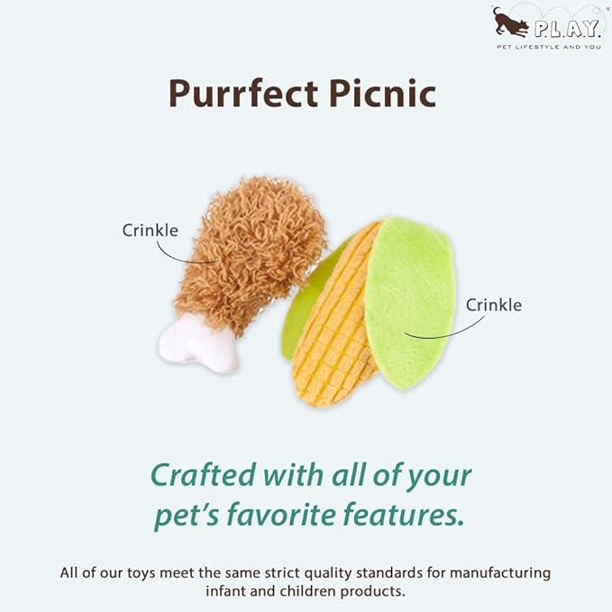 P.L.A.Y. Cute Cat Toys - Feline Frenzy Picnic Food Themed Organic Catnip Filled Toy, Great for Adult Cats and Kittens - Machine Washable, Recycled Materials, Crinkles (Purrfect Picnic, Set of 2)