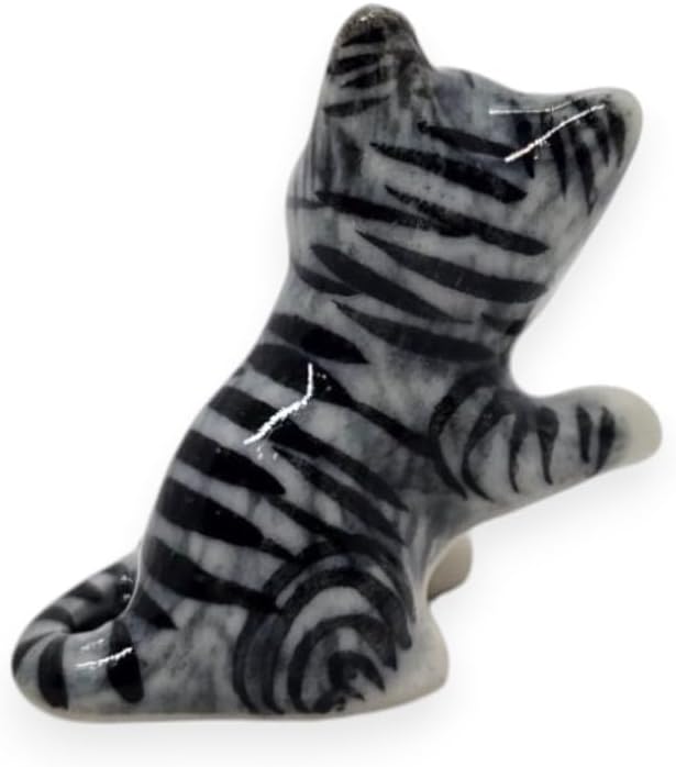 WitnyStore Tiny 1" Gray White Tabby Shorthair Cat Sitting Lift Paw Figurine - Miniature Hand Made Painted Ceramic Cats Kitten Feline Animals Cute Porcelain Decorative Collectible Figures Décor Gifts