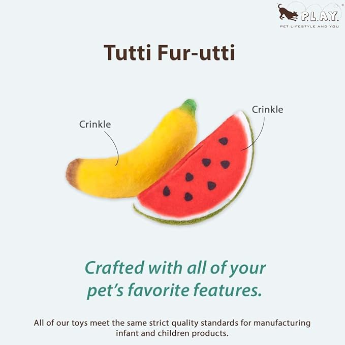 P.L.A.Y. Cute Cat Toys - Feline Frenzy Fruit Food Themed Organic Catnip Filled Toy, Great for Adult Cats and Kittens - Machine Washable, Recycled Materials, Crinkles (Tutti Fur-utti, Set of 2)
