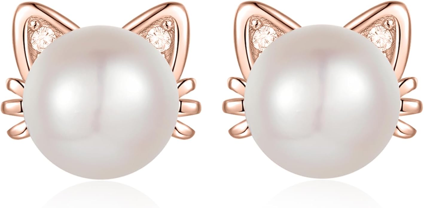 925 Sterling Silver Freshwater Pearl Cat Stud Earrings for Women, Cat CZ Studs Hypoallergenic Jewelry Gift