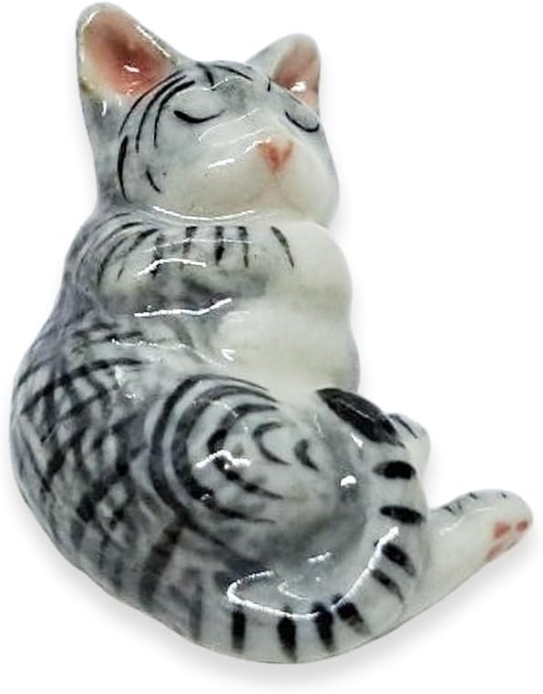 WitnyStore Tiny 1" Long Gray White Tabby Shorthair Cat Sleeping Figurine - Miniature Hand Made Painted Ceramic Cats Kitten Feline Animal Cute Porcelain Decorative Collectible Figurines Décor Gifts