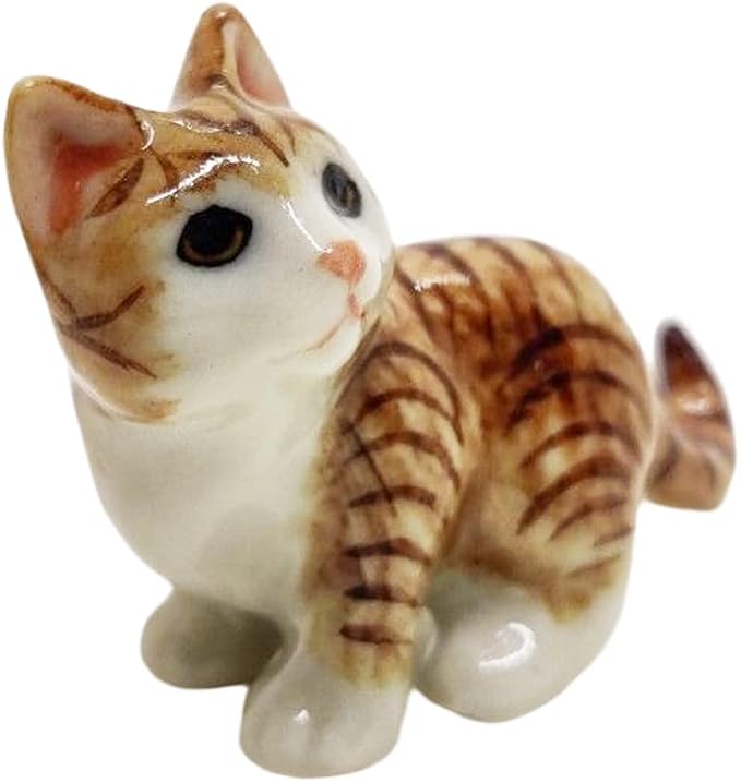 WitnyStore Tiny 1½" Long Brown White Tabby Shorthair Cat Tiptoeing Figurine - Miniature Hand Made Painted Ceramic Cats Kitten Feline Animal Cute Porcelain Decorative Collectible Figurines Décor Gifts