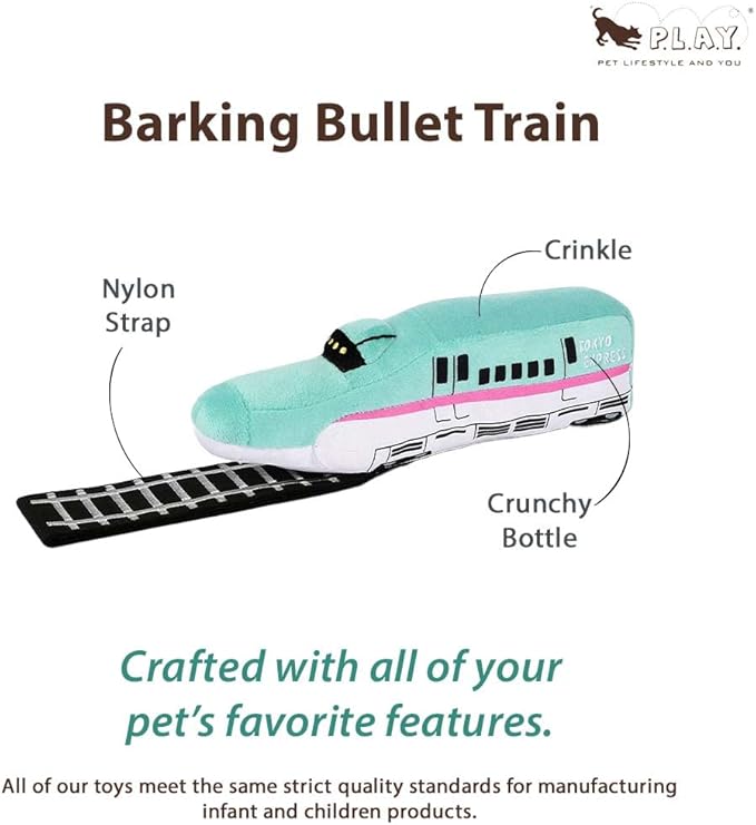 P.L.A.Y. Cute Plush Dog Toys - Canine Commute, Travel Themed Durable Squeaker Chew Toy, Great for Puppies Dog Breeds - Machine Washable, Recycled Materials (Barking Bullet Train)