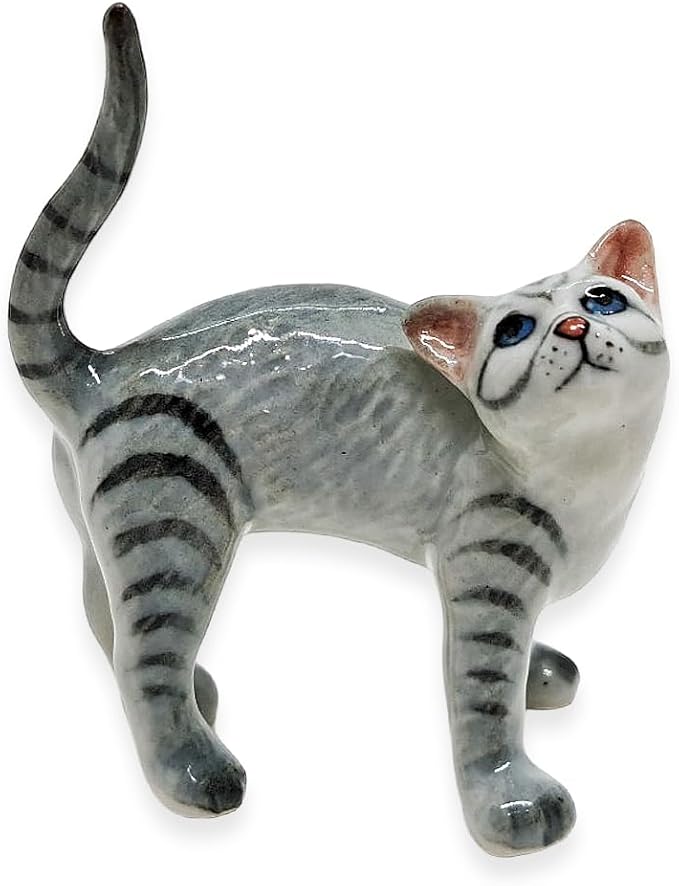 WitnyStore Tiny 2¼" Gray Tabby Shorthair Cat Standing Look Up Figurine - Miniature Hand Made Painted Ceramic Cats Kitten Feline Animal Cute Porcelain Decorative Collectible Figurines Décor Gifts