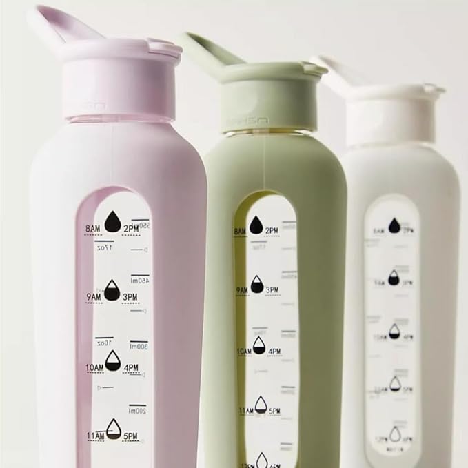 Mayim 24 Oz Glass Tumbler with Straw and Handle, Reusable Motivational Glass Water Bottle with Silicone Sleeve and Time Marker, Leak Proof Borosilicate Water Bottle -Sage