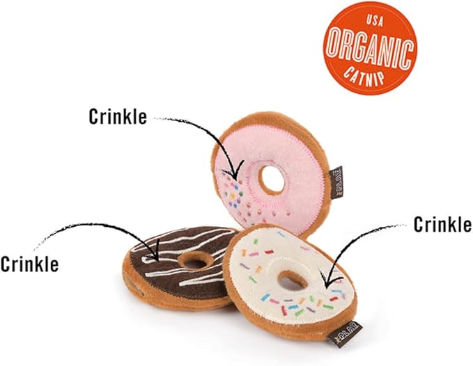 P.L.A.Y. Cute Cat Toys - Feline Frenzy Dessert Food Themed Organic Catnip Filled Toy, Great for Adult Cats and Kittens - Machine Washable, Recycled Materials, Crinkles (Kitty Kreme Donuts, Set of 3)