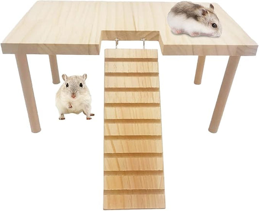 BNOSDM Large Wooden Hamster Platform with Ladder - Natural Wood Standing Platform for Syrian Hamsters, Guinea Pigs, Gerbils, Chinchillas, Mice
